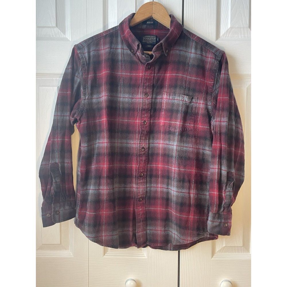 Pendleton Mason‎ LS Button Cotton Flannel Shirt Burgundy & GrayPlaid Sz Lg EUC